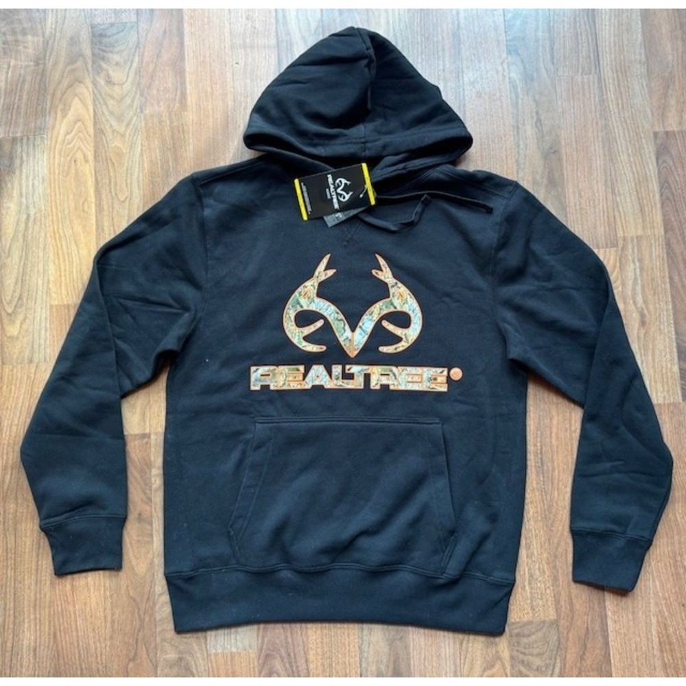 Realtree Deer Black Camo Logo Hoodie Sweatshirt Size MED‎ NWT 16902